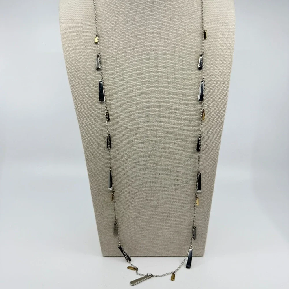 Two-Tone Metal Bar Charm Long Station Necklace Silver & Gold Tone Layering Chic